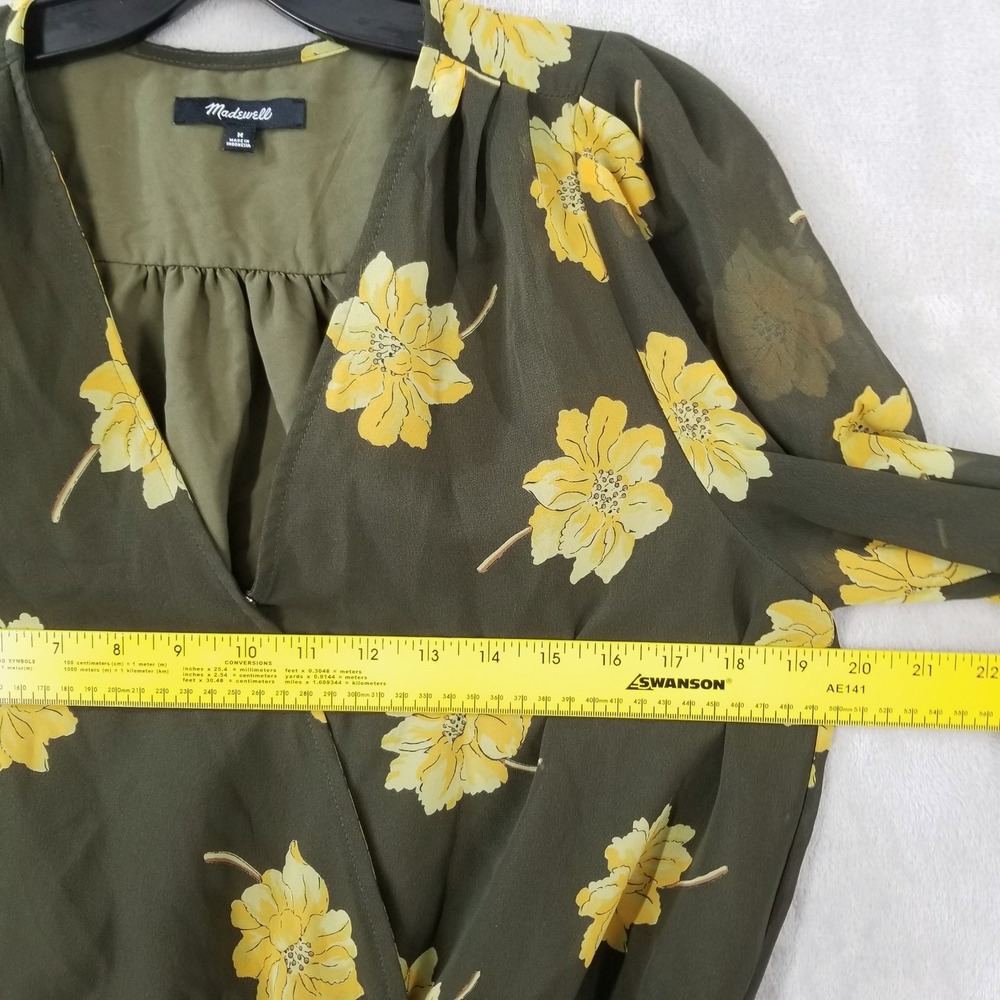 Madewell Wrap Blouse Women M Olive Green Yellow‎ Floral Chiffon Top 3/4 Sleeve - Picture 4 of 9